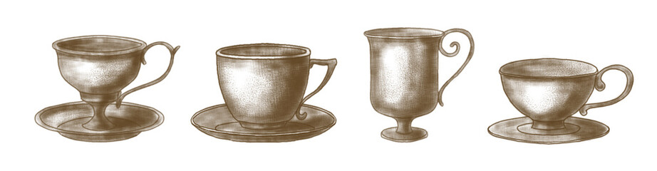 Vintage Tea Cups Set. Hand drawn illustration on white background Teacups for English breakfast. Drawing for restaurant menu design or icon