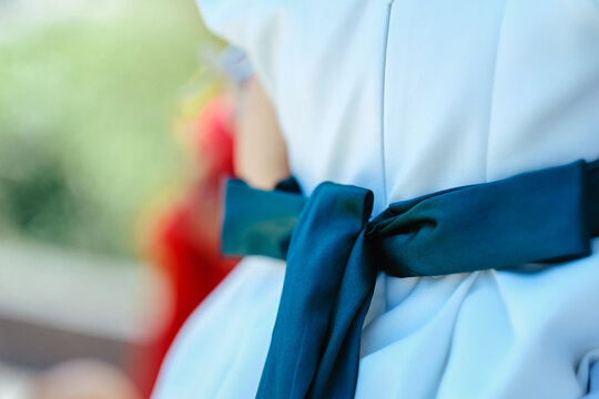 Closeup Of A Navy Blue Satin Sash On A Light Blue Dress