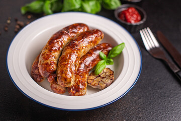 sausages vegetable vegetarian protein seitan vegan meatless soy wheat classic taste or snack ready to eat on the table healthy meal snack top view copy space for text food background 