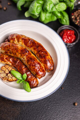 sausages vegetable vegetarian protein seitan vegan meatless soy wheat classic taste or snack ready to eat on the table healthy meal snack top view copy space for text food background 