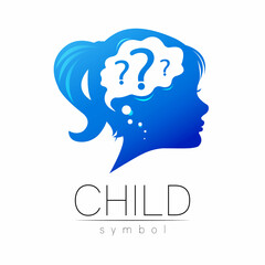 Modern logotype head with question inside brain in Blue Color . Logo sign of Psychology. Profile Human. Creative style. Symbol in vector. Design concept.