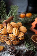 Christmas sweets cookies nuts with condensed milk on the festive table, Christmas decorations