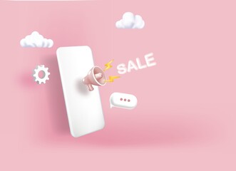 digital marketing concept with illustration of megaphone with perspective 3D smartphone for internet marketing advertising promotion