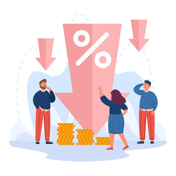Tiny people next to down arrow with percentage symbol. Cost reduction, low price or profit, financial decrease flat vector illustration. Economy, crisis concept for website design or landing web page