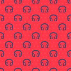 Blue line Noise canceling headphones icon isolated seamless pattern on red background. Headphones for ear protection from noise. Vector
