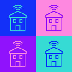 Pop art line Smart home with wi-fi icon isolated on color background. Remote control. Vector