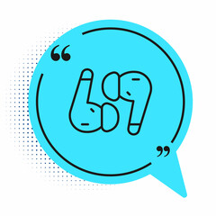 Black line Air headphones icon icon isolated on white background. Holder wireless in case earphones garniture electronic gadget. Blue speech bubble symbol. Vector