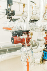 Boiler Room With Pipes, Valves, Pumps. Close Up. Detail