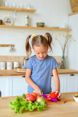 Adorable child is cooking in the kitchen. Pretty pretty girl prepares soup. Little chef preparing healthy food vegetable salad