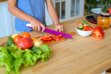 Adorable child is cooking in the kitchen. Pretty pretty girl prepares soup. Little chef preparing healthy food vegetable salad