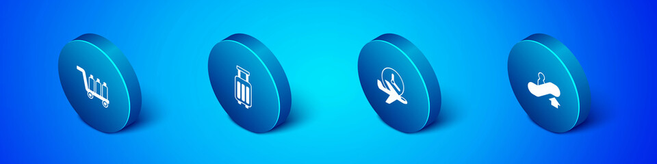 Set Isometric Trolley baggage, Flight time, Escalator up and Suitcase icon. Vector