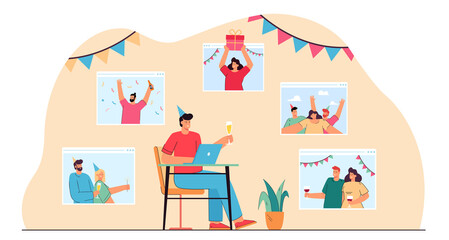 Home celebration via video call flat vector illustration. Man sitting in front of computer with glass of wine, communicating with family and friends online. Quarantine, virtual party, birthday concept