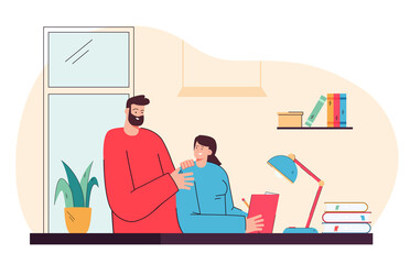 Father helping daughter with her homework. Flat vector illustration. Dad teaching child at home, answering questions, reading book with girl, sitting at desk. Family, help, education, learning concept