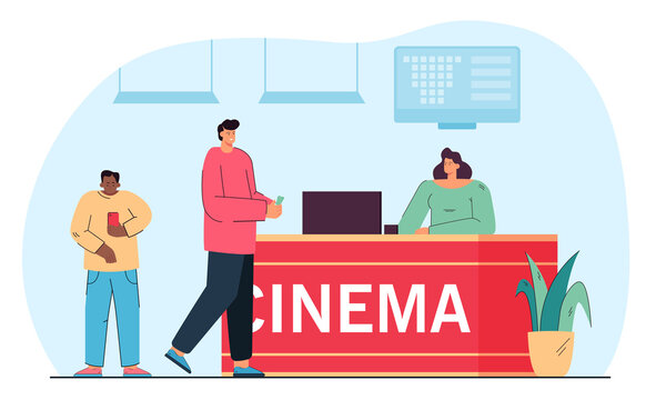 Cinema Counter And People Buying Movie Tickets. Flat Vector Illustration. Female Seller Standing At Cashier While Serving Customers. Cinema, Entertainment, Fun, Service Concept For Advertising