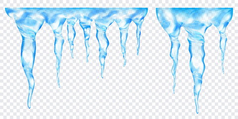 Group of translucent light blue realistic icicles of different lengths, connected at the top, isolated on transparent background. Transparency only in vector format