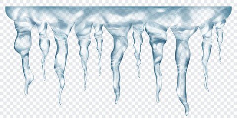 Group of translucent gray realistic icicles of different lengths, connected at the top, isolated on transparent background. Transparency only in vector format - obrazy, fototapety, plakaty