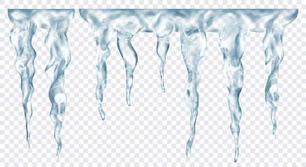 Group of translucent gray realistic icicles of different lengths, connected at the top, isolated on transparent background. Transparency only in vector format