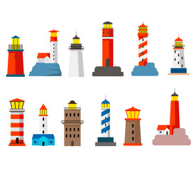Set of colorful lighthouses cartoon vector illustration. Traditional towers standing by seaside, lighting way for ships isolated on white background. Architecture, navigation, sea, hope concept