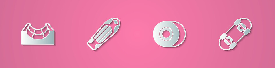 Set paper cut Skate park, Skateboard deck, wheel and icon. Paper art style. Vector
