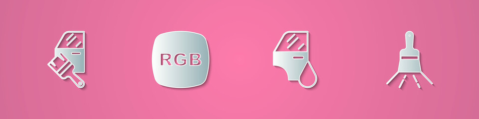 Set paper cut Car painting, RGB, and Paint brush icon. Paper art style. Vector