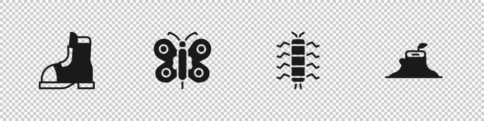 Set Hunter boots, Butterfly, Centipede insect and Tree stump icon. Vector