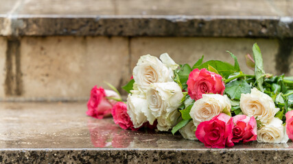 Bouquet of roses, white and pink, placed on the steps of stone stairs, covered with rain, outside