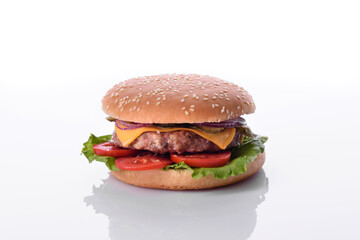 Craft beef burger and french fries on a white background