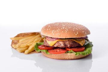 Craft beef burger and french fries on a white background
