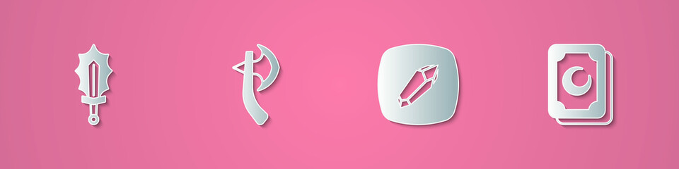 Set paper cut Magic sword in fire, Wooden axe, stone and Tarot cards icon. Paper art style. Vector