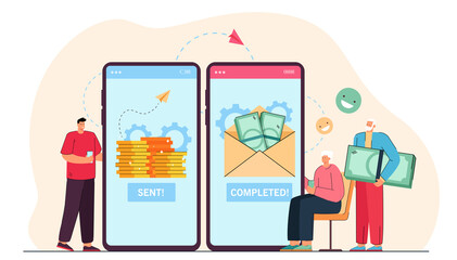 Adult son sending money to elderly parents online. Flat vector illustration. Giant smartphones with bank app and tiny people transferring money via Internet. Family, payment, care, money concept