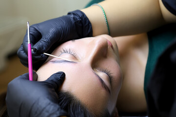 procedure lamination of eyebrows close-up the master in black gloves corrects the applied...