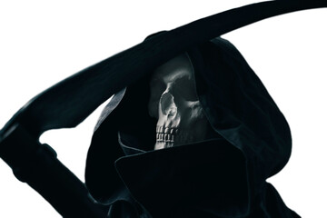 Mythical portrait of the image of death. Close up view skull in black hood and scythe, on white...
