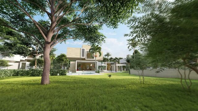 modern cubic house with tropical garden