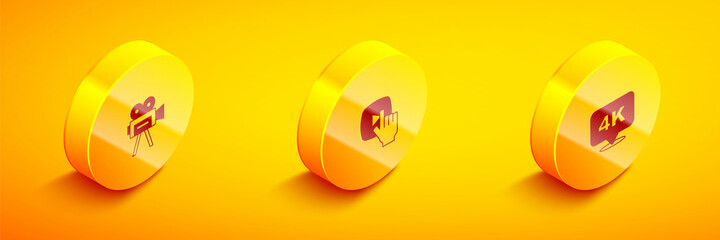 Set Isometric Retro cinema camera, Online play video and 4k Ultra HD icon. Vector