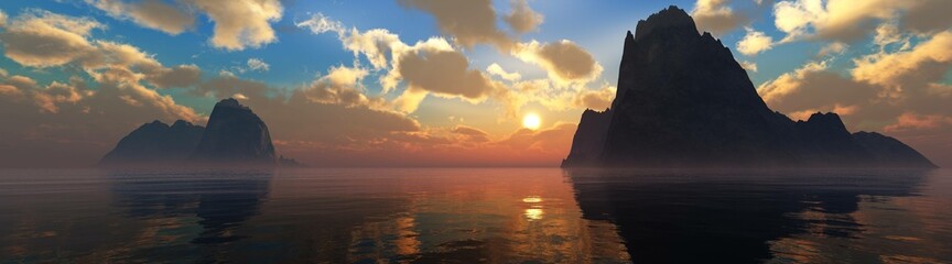 Naklejka premium Beautiful sea sunset among the rocky islands