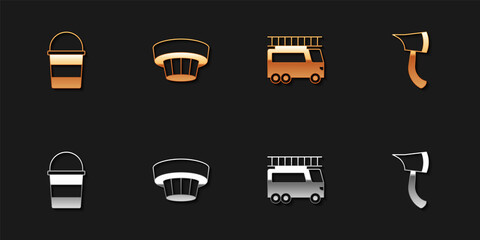 Set Fire bucket, Smoke alarm system, truck and Firefighter axe icon. Vector