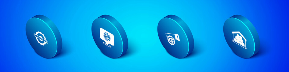 Set Isometric Electric circular saw, Hand and log, Wooden logs and icon. Vector