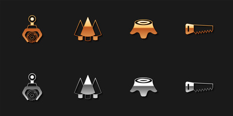 Set Grapple crane grabbed a log, Christmas tree, Tree stump and Hand saw icon. Vector