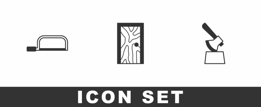Set Hacksaw, Closed door and Wooden axe in stump icon. Vector