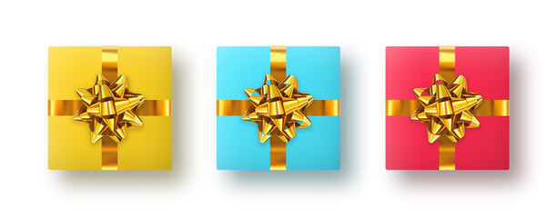 Three square shaped gift boxes with gold bows in the shape of a star. Top view. Vector clipart for decoration. Set of realistic gift presents in three colors isolated on white background.