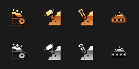 Set Conveyor belt carrying coal, Construction jackhammer, and icon. Vector