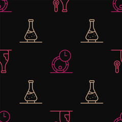 Set line Wine temperature, Decanter for wine and Wooden barrel on seamless pattern. Vector