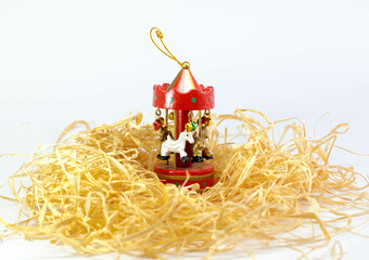 Red wooden Christmas tree carousel decoration. Ecofriendly Christmas. New Year in eco s
