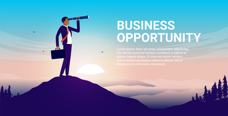 Business opportunity - Businessman with binocular on hilltop, searching for career opportunities. Vector illustration with copy space for text