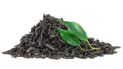 Pile of dried and fresh tea leaves isolated on a white background. Ceylon tea.