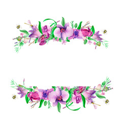  An orchid wreath of hand-painted lavender leaves and orchid flowers.Orchid floral botanical flowers. Watercolor background illustration set. Frame border ornament square clipart.banner, retro, paper.