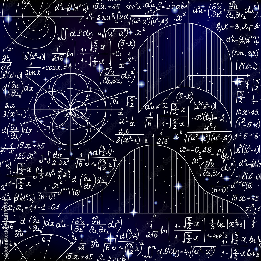 Sticker math endless scientific seamless background with handwritten formulas, figures and calculations over