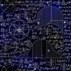 Math endless scientific seamless background with handwritten formulas, figures and calculations over space stars