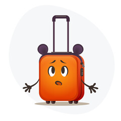 Small childish orange plastic suitcase on wheels don't know what to do