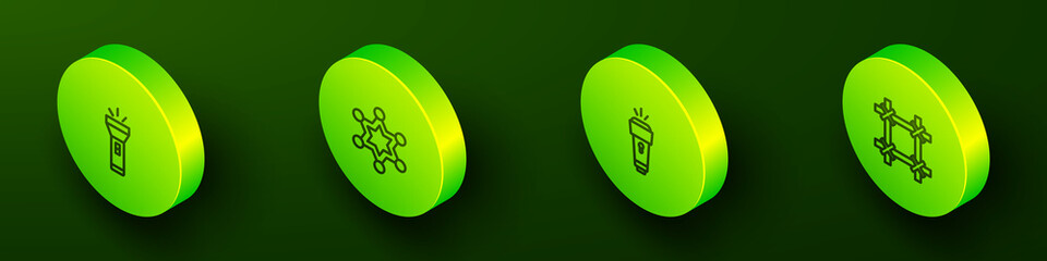 Set Isometric line Flashlight, Hexagram sheriff, and Prison window icon. Vector